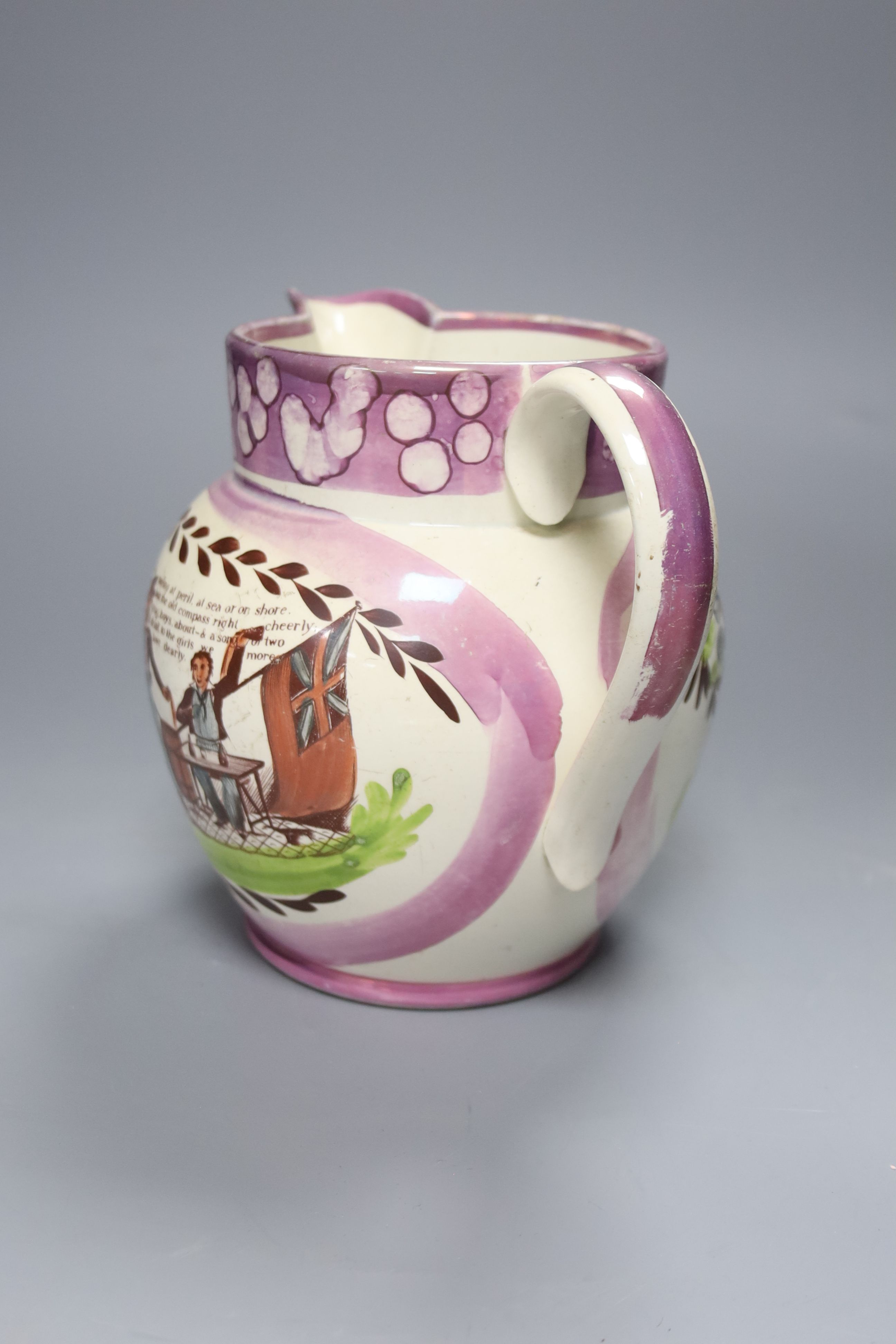 A 19th century Sunderland pink lustre jug, Masons Arms, height 18cm